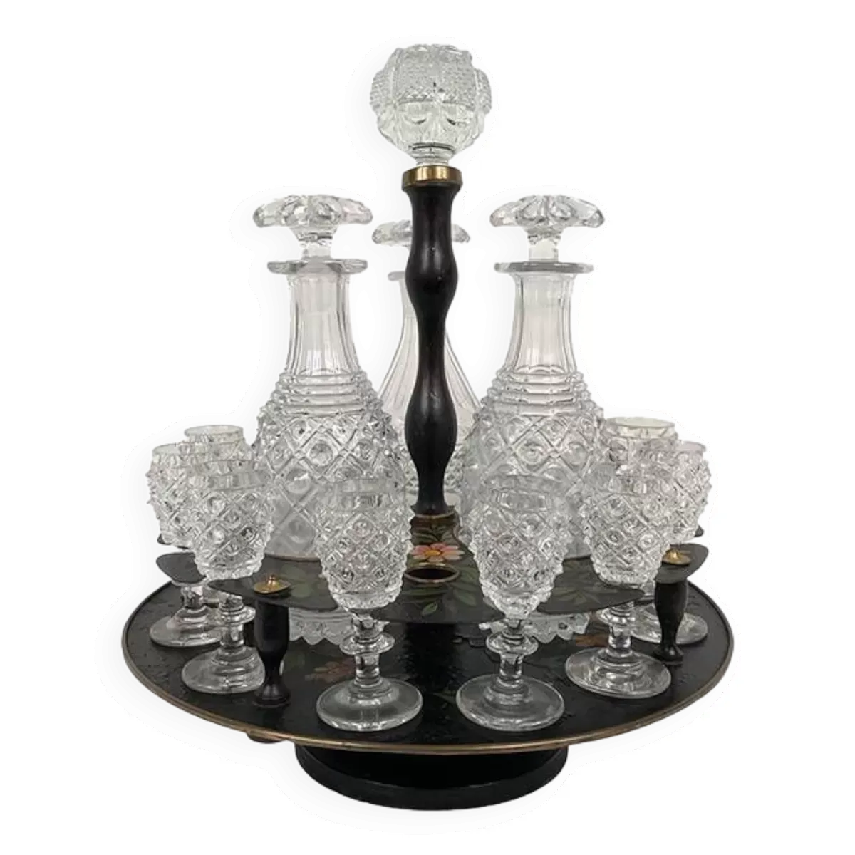 Cabaret à liqueur en tôle peinte XIXe, carafes et verres attribués à la cristallerie du Creusot