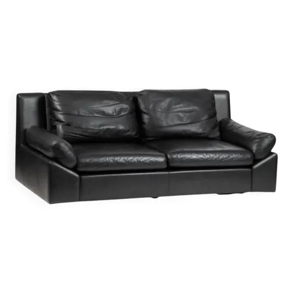 Canapé 2 places en cuir noir vintage ann 70 Edelhard Harlis– 180 cm