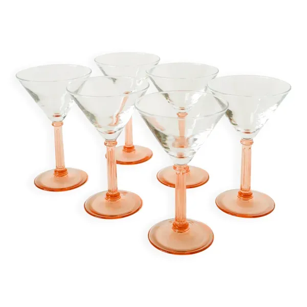 lot de 6 verres à cocktail à pieds travaillés, Rose, Made in France, 1970