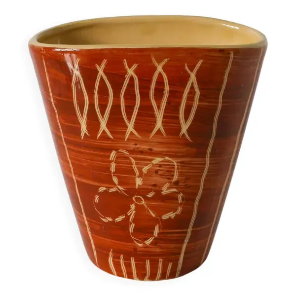 Vase en céramique beige et marron à motifs, numéroté 1970