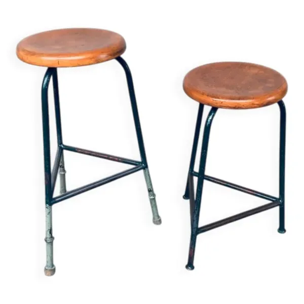 Set of Industrial Green Tripod Stool Set, Belgium, 1950s