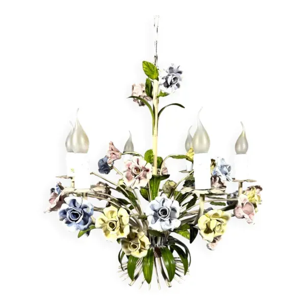 Lustre italien en tôle et porcelaine à fleurs, années 1950