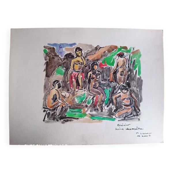 Gouache ''scène champêtre'' 1981, Pierre Lacroux (1909- 1993)