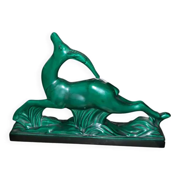 Sculpture Art Déco Gazelle en Faïence - Saint-Clément - Vert Émeraude