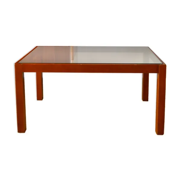 Table basse en bois et verre fumé, Design, 1970