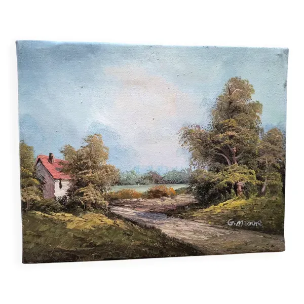 Tableau ancien à l’huile. Maison à la campagne - signé G. Monroe