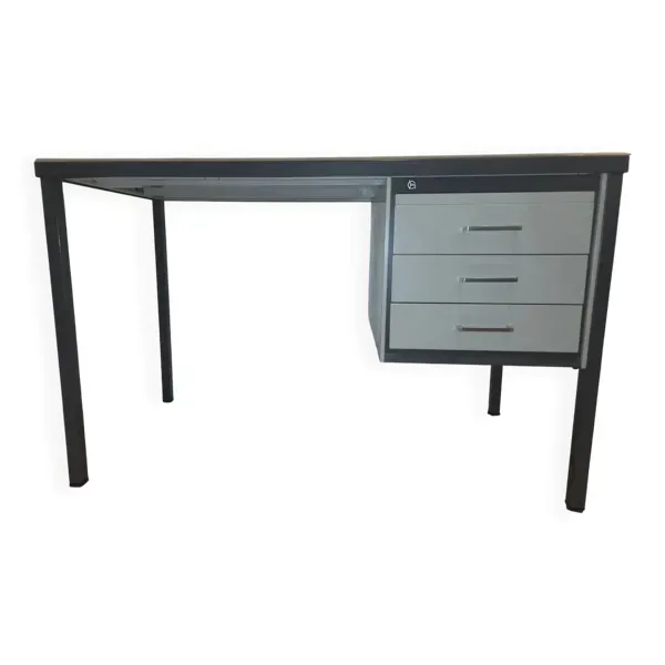 Bureau vintage industriel Gispen avec caisson 3 tiroirs