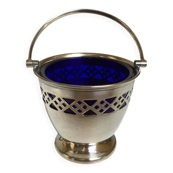 Bonbonnière sucrier verrerie bleue argenté en métal