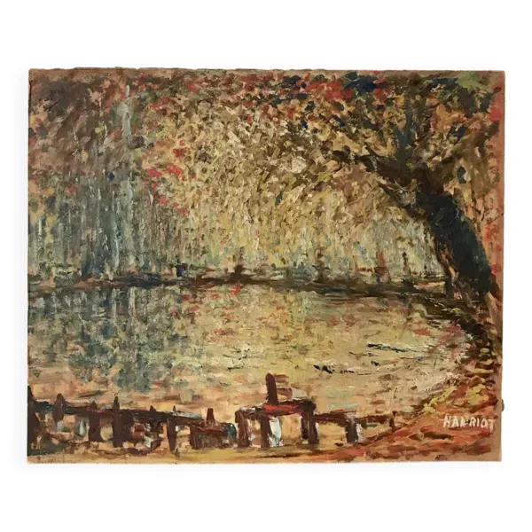 huile sur panneau paysage pointillisme signé Hanriot XXème