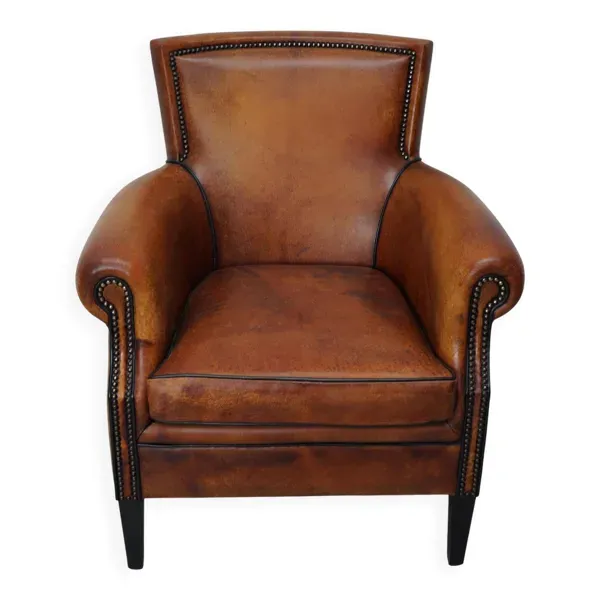 Fauteuil club vintage hollandais en cuir couleur cognac