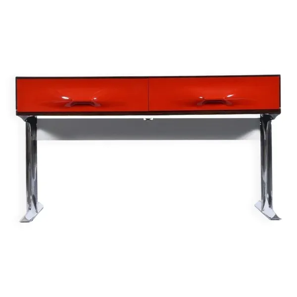Console stéréo TV DF-2000 en palissandre, chrome et plastique rouge par Raymond Loewy.
