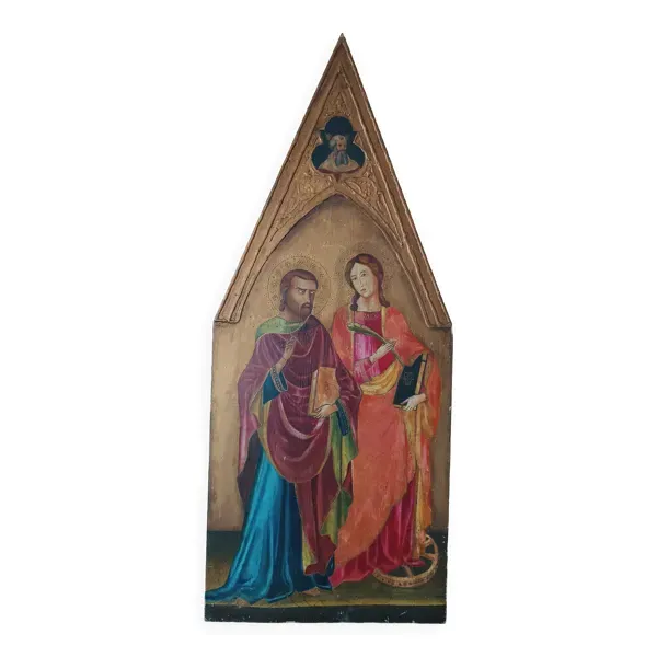 Peinture à la détrempe ancienne sur panneau avec des saints, 19ème siècle