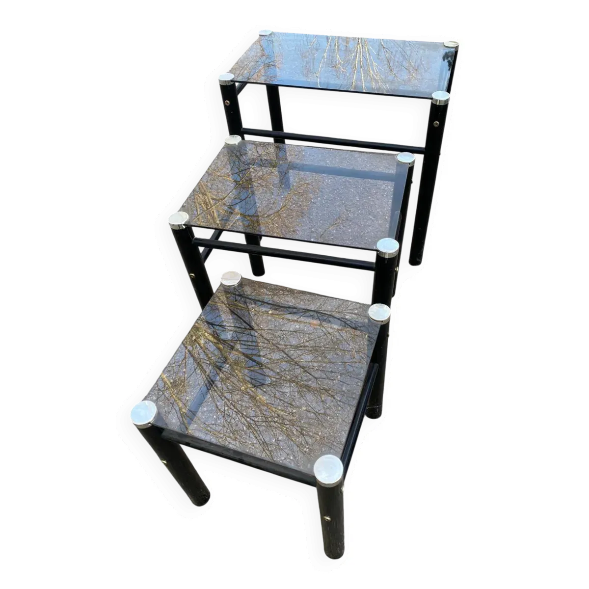 3 tables basses gigognes industrielles noires en verre Yves Boutboul 1970