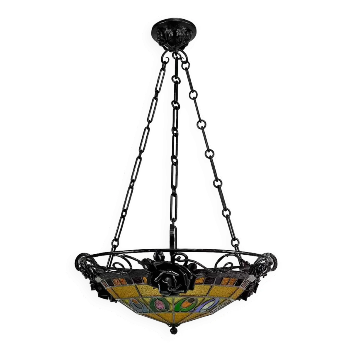 Lustre Art Déco en fer forgé par Augustin Louis Calmels, France, Circa 1920