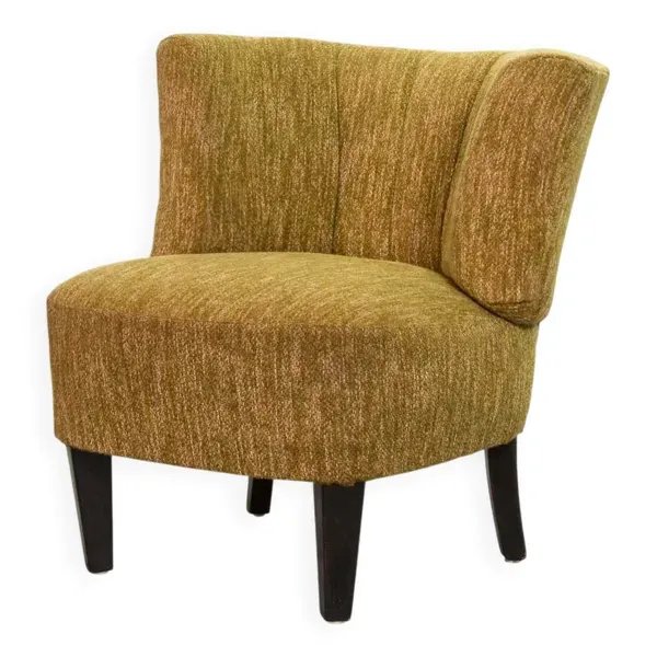 Fauteuil club design hollandais, revêtement en laine chaude et pieds en chêne massif, années 50