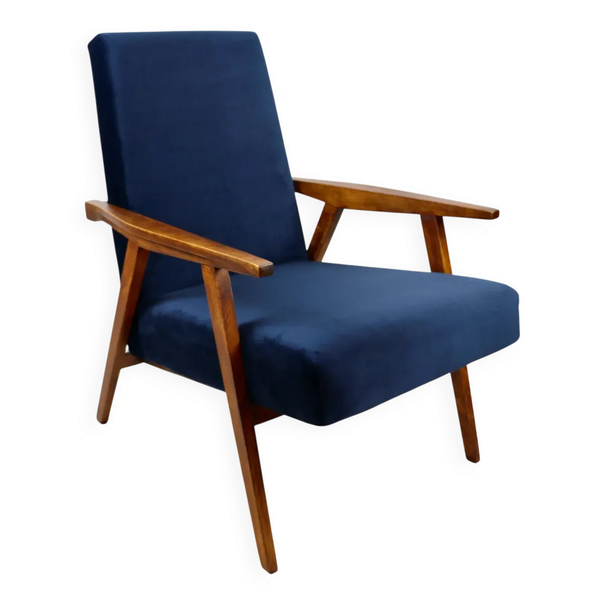 Fauteuil loft vintage années 1970 en velours bleu marine - 2 exemplaires disponibles
