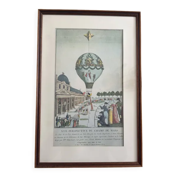 Gravure ancienne – Vue perspective du Champ de Mars – Ascension de ballon