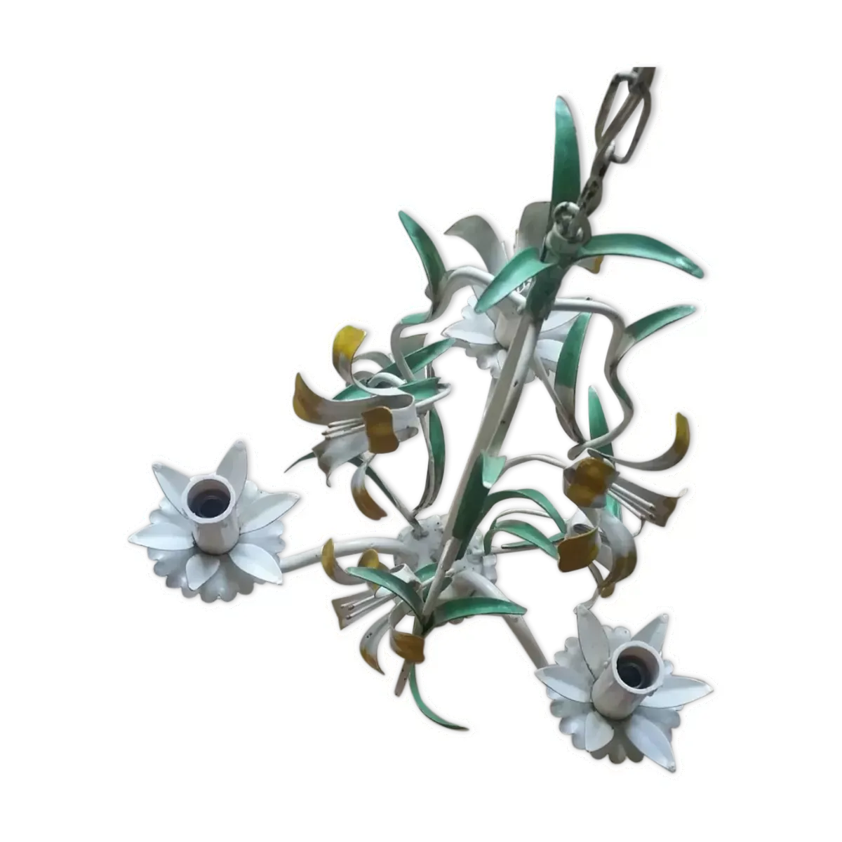 Lustre vintage tôle peinte à fleurs