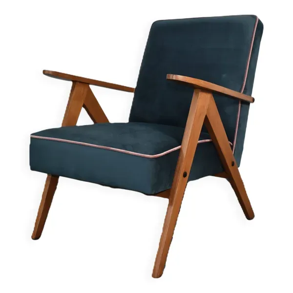 Chaise compas restaurée, tissu jaune canari, fil rose, teck, 1960