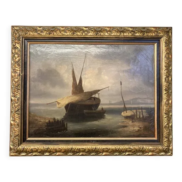 Huile sur toile XIXe siècle, La Marée Basse, Marine encadrée