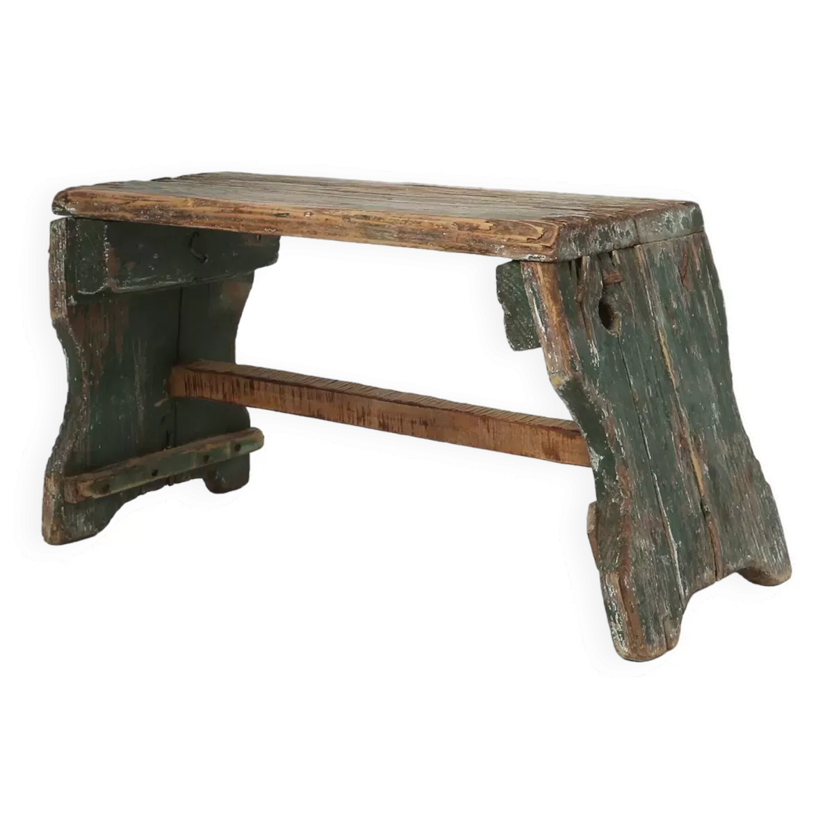 Tabouret industriel en bois vert avec jolie patine, France 1900