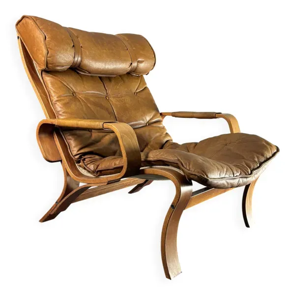 Fauteuil de salon suédois en cuir et bois courbé par Jan Bengstsson, années 1970