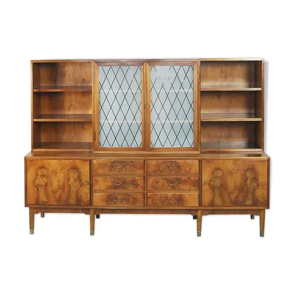 Buffet suédois ancien en noyer et ronce avec vitrine en verre, années 1940