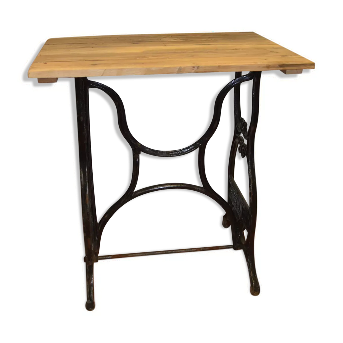 Ancienne table console industrielle en fonte et plateau en chêne