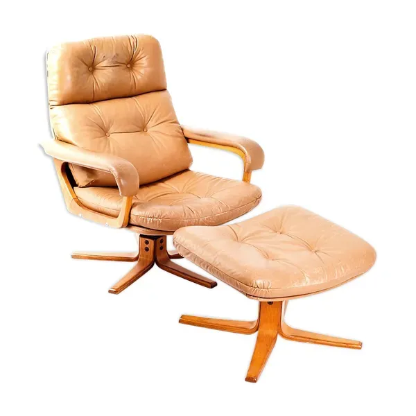 Fauteuil & ottoman en cuir, années 1970