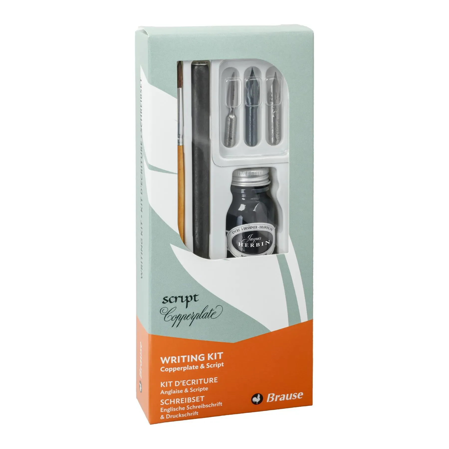 Kit d'écriture avec 1 porte-plume en bois, 3 plumes à écriture, 1 pinceau et 1 flacon d'encre à dessiner Brause