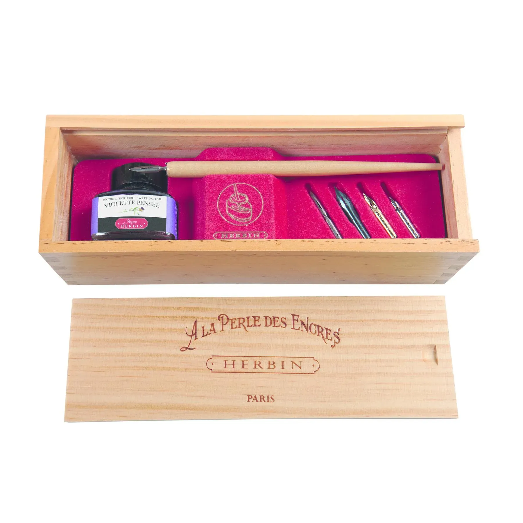 Kit de caligraphie perle des encres violette pensée avec 1 flacon d'encre d'écriture, 1 porte-plume et 5 plumes d'écriture Jacques Herbin