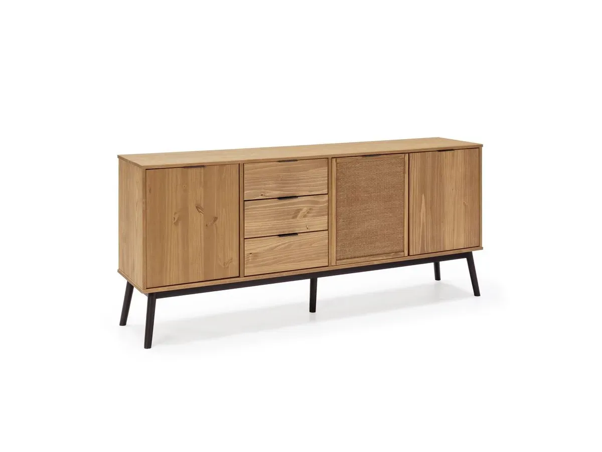 Illustration numéro 2 du produit Buffet 3 portes 186 cm ALBI bois massif et rotin    BOBOCHIC