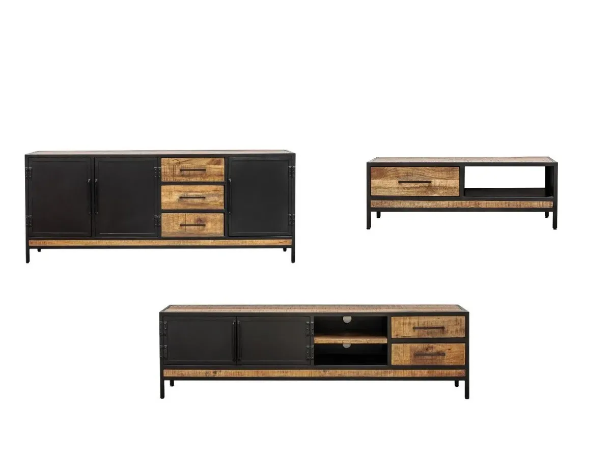 Illustration numéro 2 du produit Séjour complet BEAUBOURG avec Buffet 200 cm + Meuble TV + Table basse Bois massif de manguier    BOBOCHIC