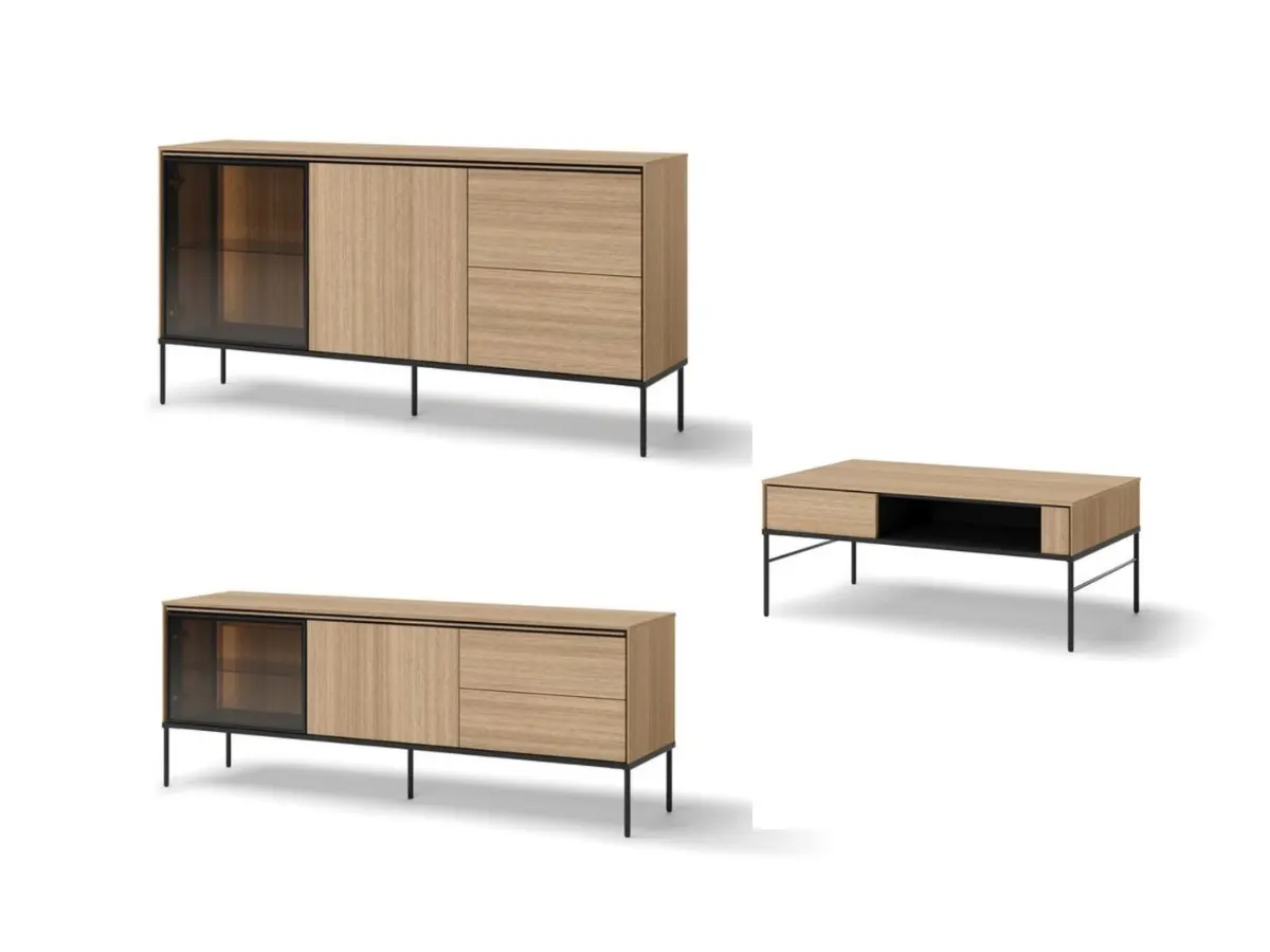 Illustration numéro 2 du produit Ensemble VERONA avec buffet 167 cm + meuble TV 167 cm + table basse effet chêne et verre fumé avec LEDS    BOBOCHIC