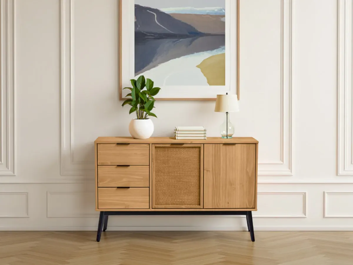 Illustration numéro 2 du produit Buffet 130 cm ALBI bois massif et rotin    BOBOCHIC