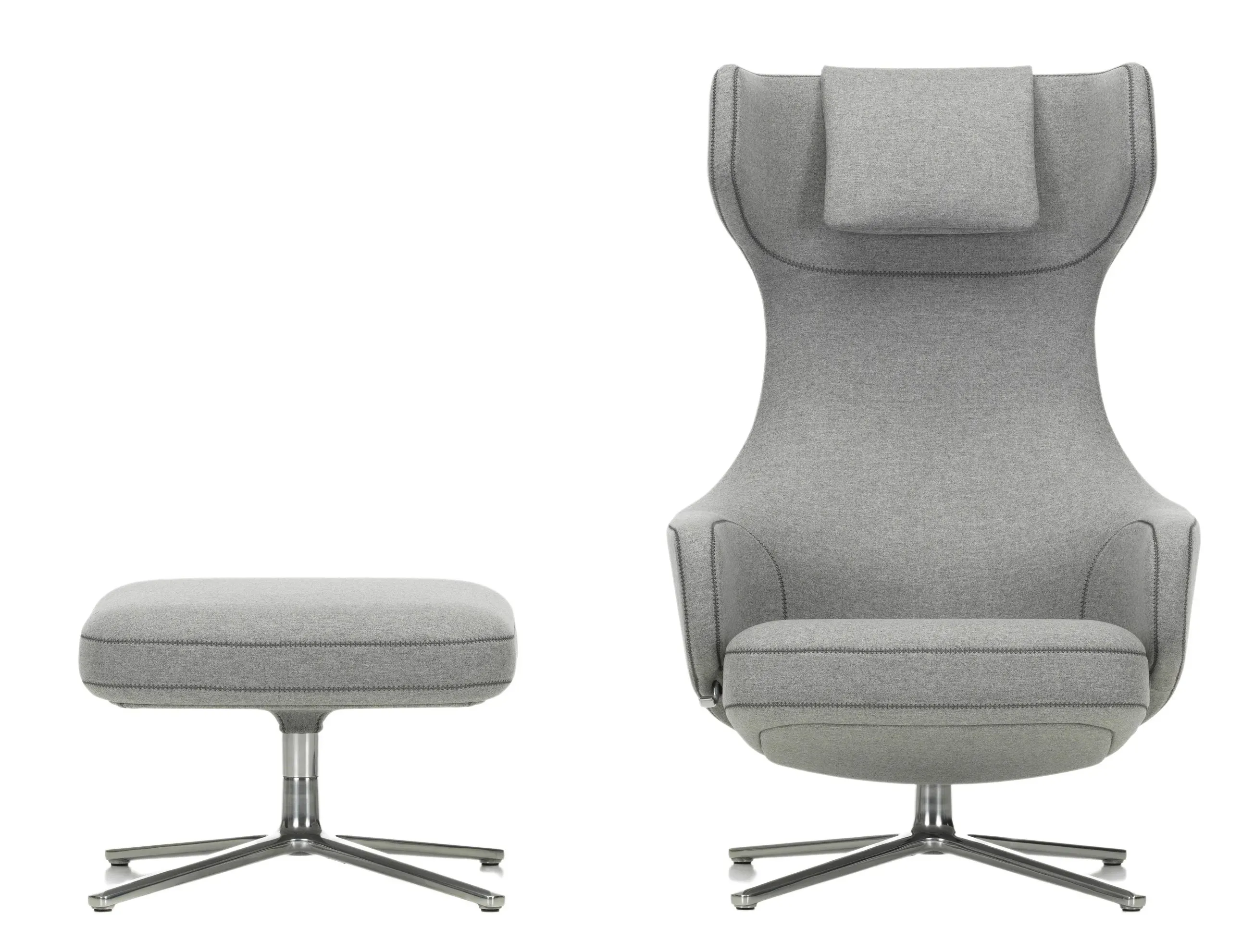Illustration numéro 2 du produit Vitra Fauteuil Grand Repos & Ottoman nouvelle édition - Aluminium poli - Cosy2 point de croix 01 gris galet - Hauteur du siège 40 cm