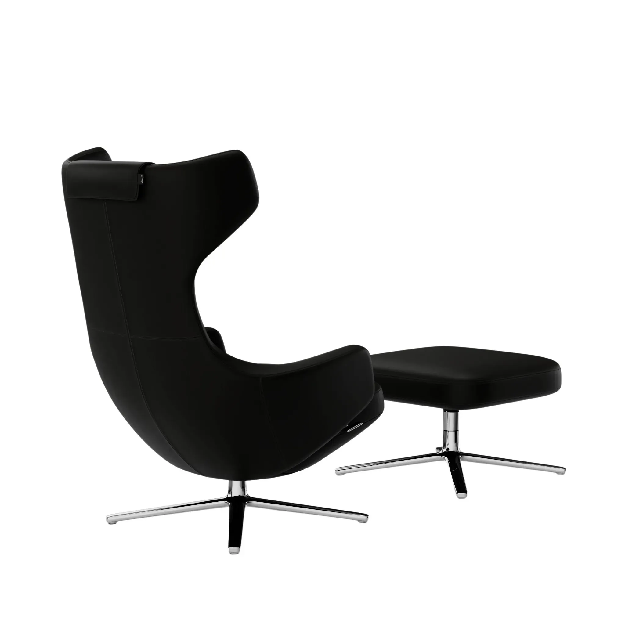 Illustration numéro 2 du produit Vitra Fauteuil Grand Repos & Ottoman nouvelle édition - Aluminium poli - Cuir couture contraste 66 nero - Hauteur du siège 40 cm