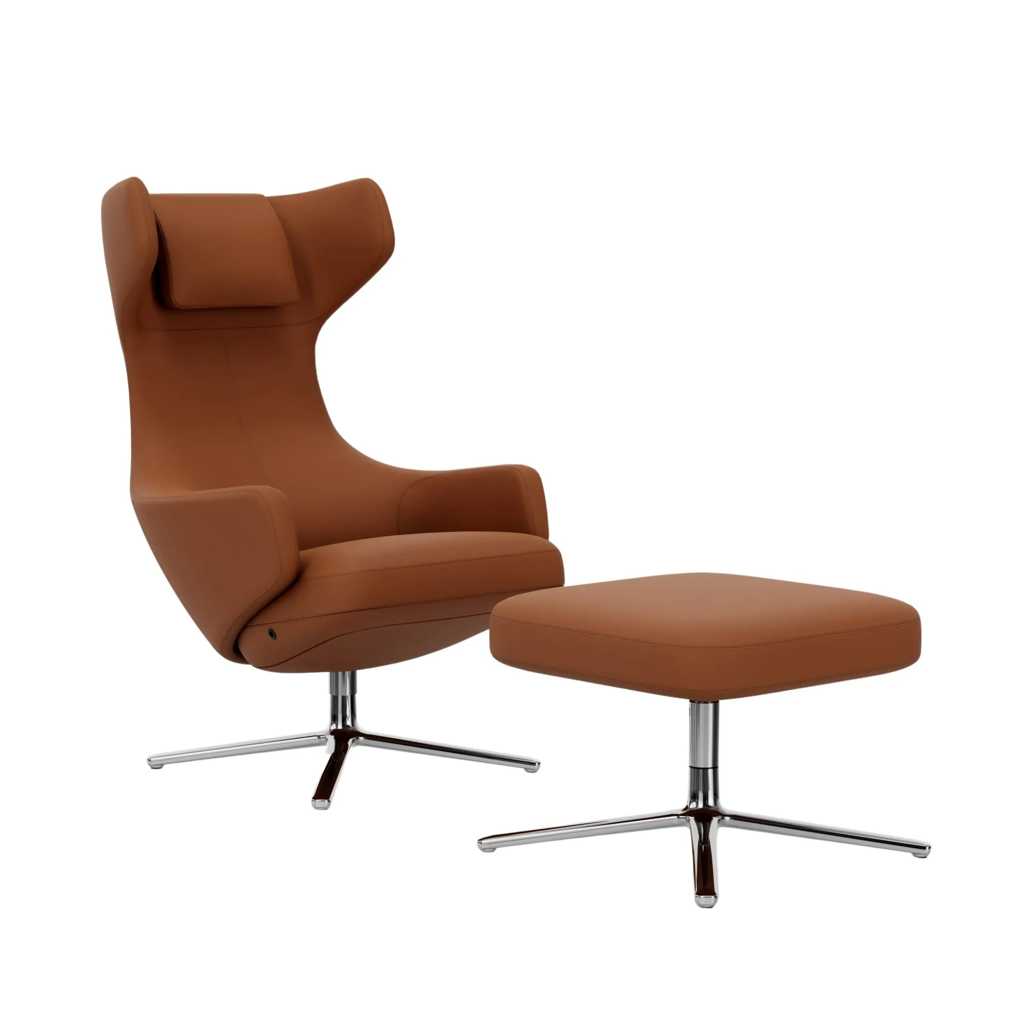 Illustration numéro 2 du produit Vitra Fauteuil Grand Repos & Ottoman nouvelle édition - Aluminium poli - Cuir premium F cognac - Hauteur du siège 45 cm