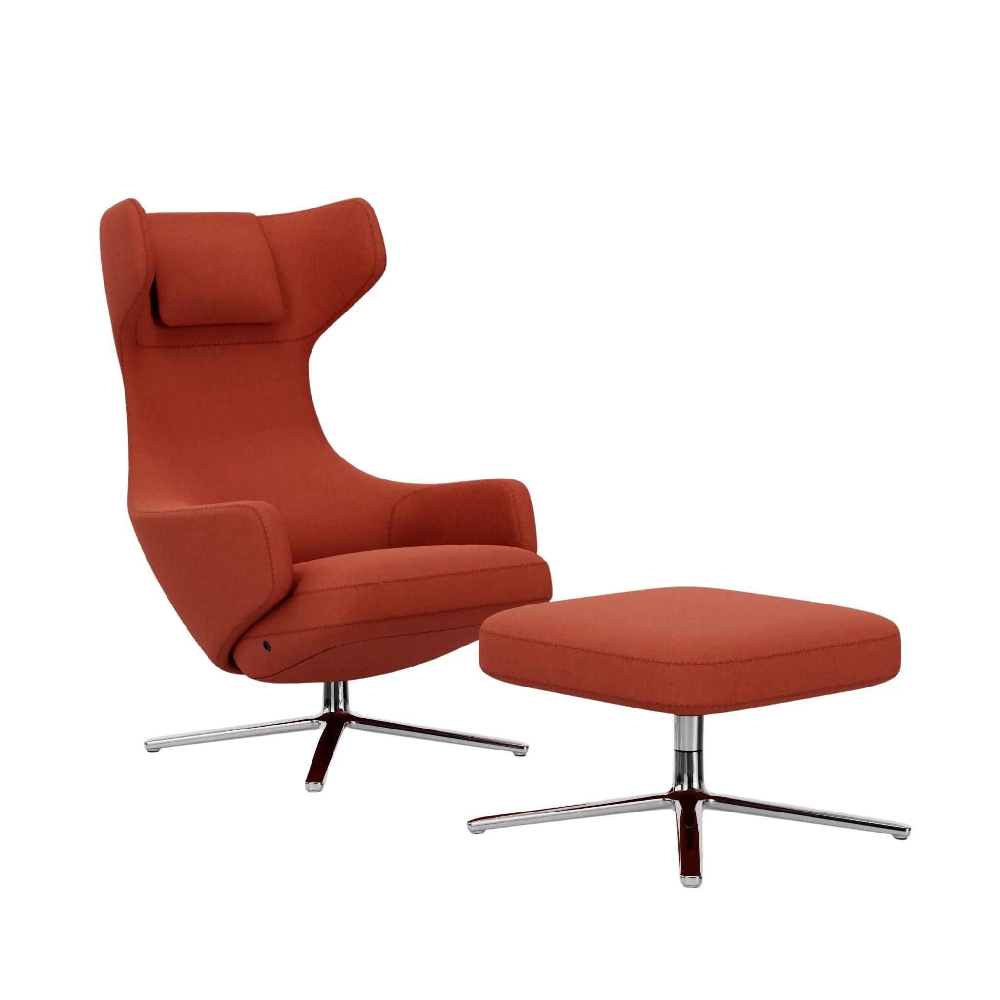 Illustration numéro 2 du produit Vitra Fauteuil Grand Repos & Ottoman nouvelle édition - Hauteur du siège 40 cm  - Cosy2 point de croix 15 orange rouille - Aluminium poli