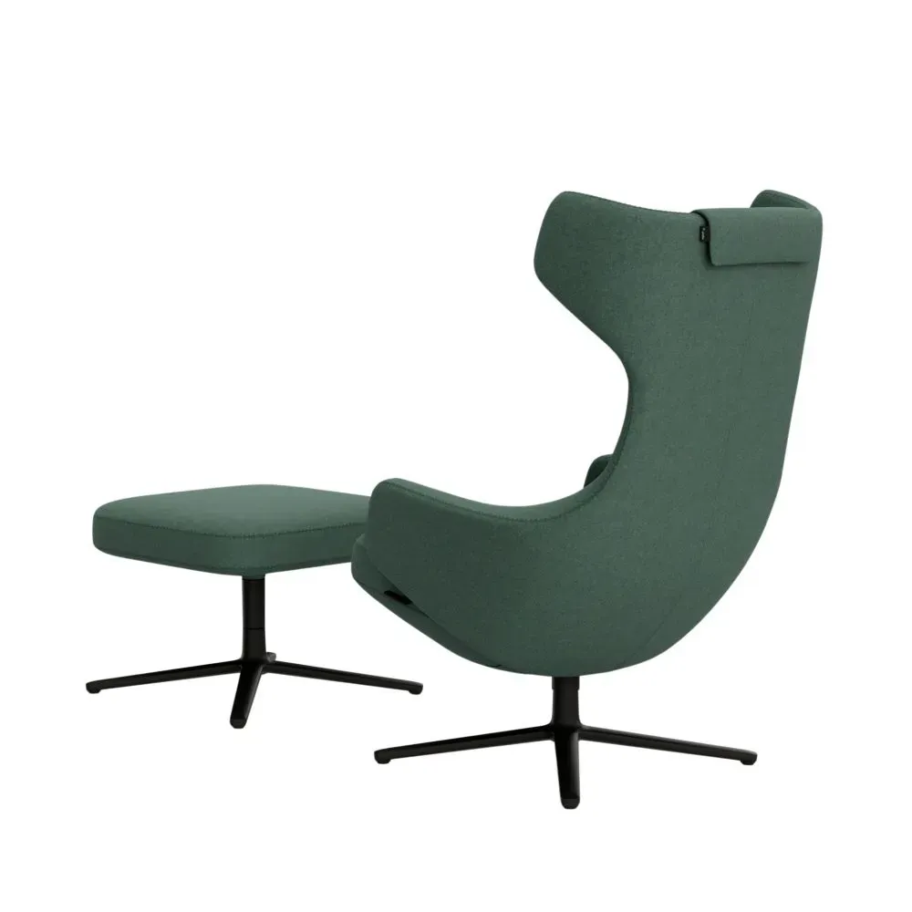 Illustration numéro 2 du produit Vitra Fauteuil Grand Repos & Ottoman nouvelle édition - noir basique enduit de poudre - Cosy2 point de croix 17 vert roseau - Hauteur du siège 45 cm