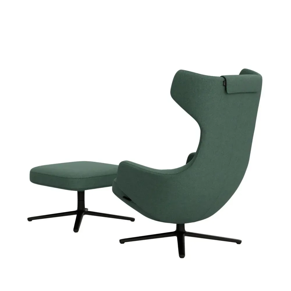 Illustration numéro 2 du produit Vitra Fauteuil Grand Repos & Ottoman nouvelle édition - noir basique enduit de poudre - Cosy2 point de croix 17 vert roseau - Hauteur du siège 40 cm