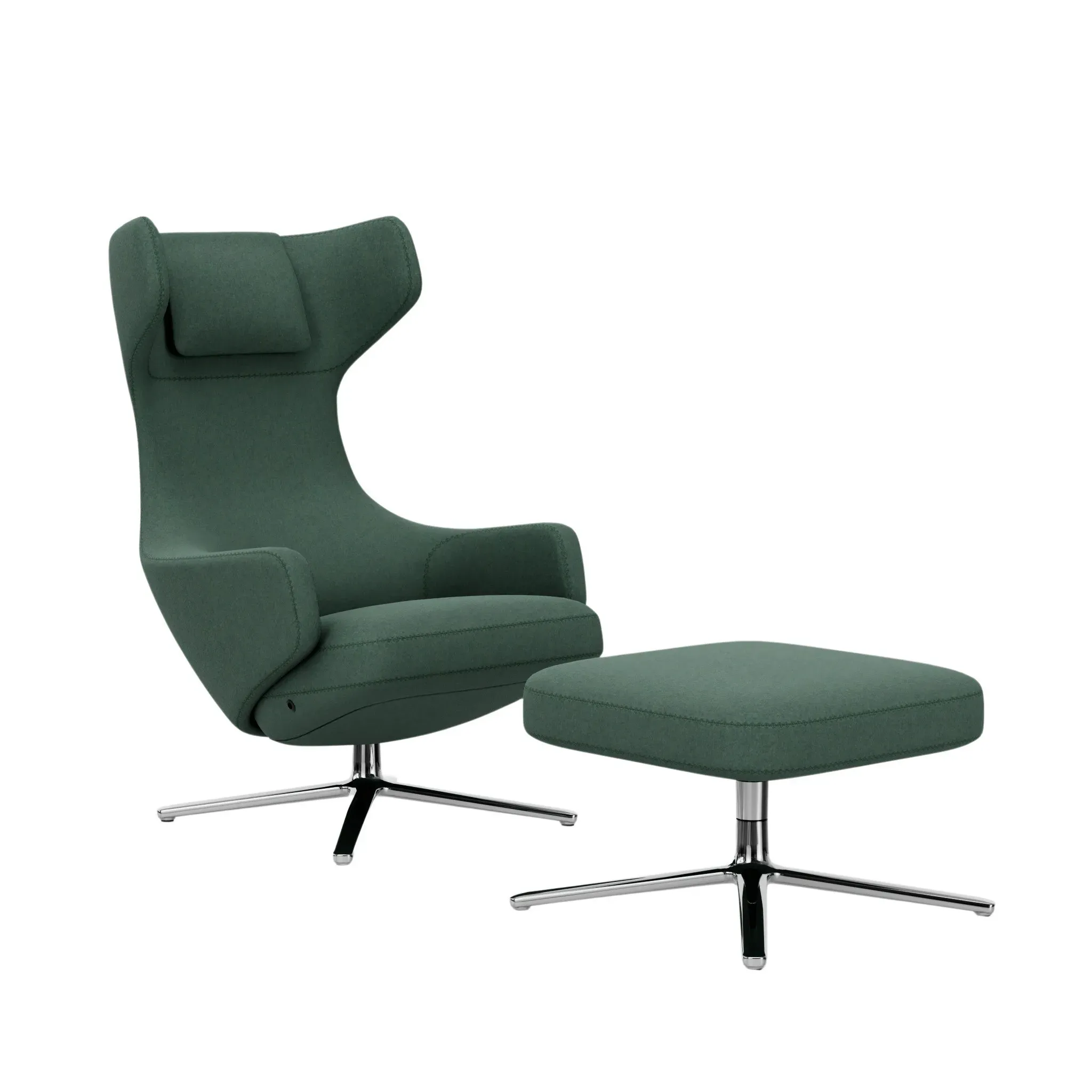 Illustration numéro 2 du produit Vitra Fauteuil Grand Repos & Ottoman nouvelle édition - Hauteur du siège 40 cm  - Cosy2 point de croix 17 vert roseau - Aluminium poli