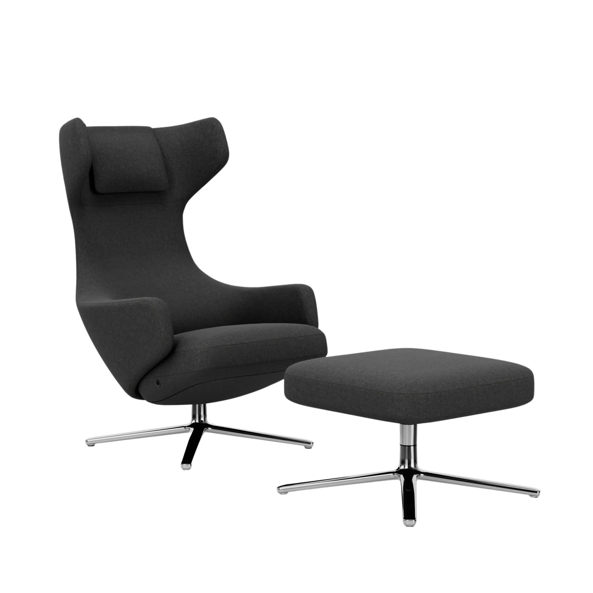 Illustration numéro 2 du produit Vitra Fauteuil Grand Repos & Ottoman nouvelle édition - Hauteur du siège 40 cm  - Cosy2 Couture point de croix classic grey - Aluminium poli