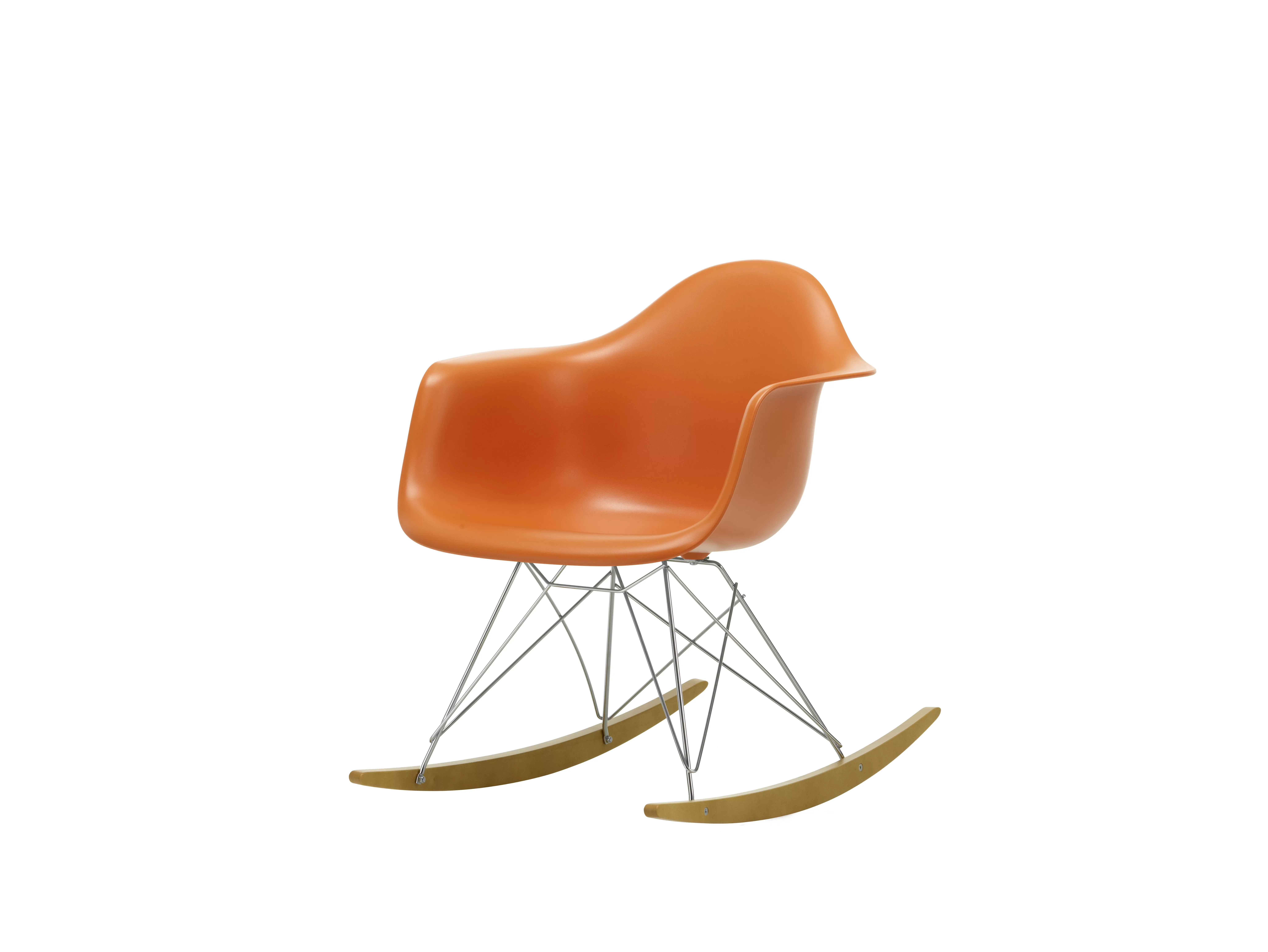 Illustration numéro 2 du produit Vitra Chaise à bascule RAR Eames Plastic  - orange rouille RE - chromé - Patins Érable jaune