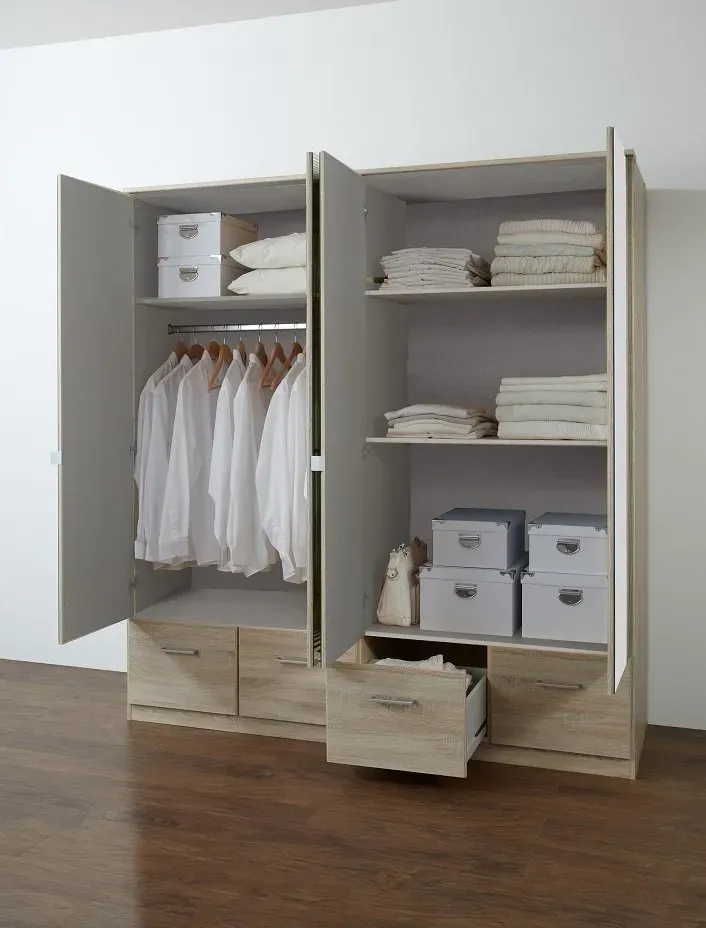 Illustration numéro 2 du produit Armoire penderie DINGLE 4 portes miroirs 4 tiroirs largeur 179 chêne