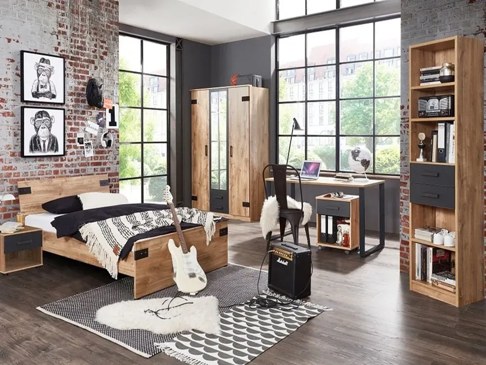 Illustration numéro 2 du produit Armoire LISBURN style industriel 135 cm 3 portes 2 tiroirs chêne poutre graphite