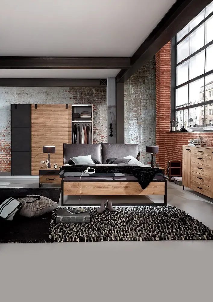 Illustration numéro 2 du produit Armoire portes coulissantes PORTLAND style industriel 200 cm chêne graphite