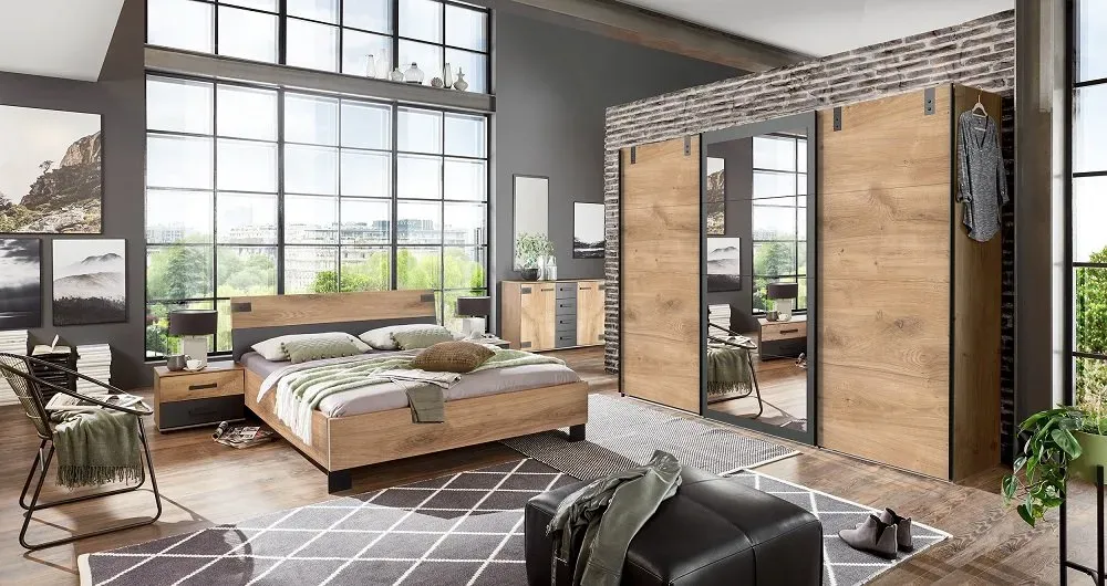 Illustration numéro 2 du produit Commode Buffet VERNON style industriel chêne poutre tiroirs graphite