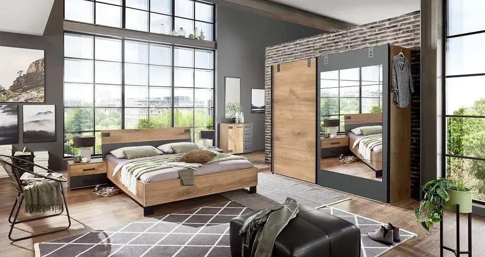 Illustration numéro 2 du produit Armoire coulissante VERNON style industriel 1 porte chêne poutre 1 porte miroir