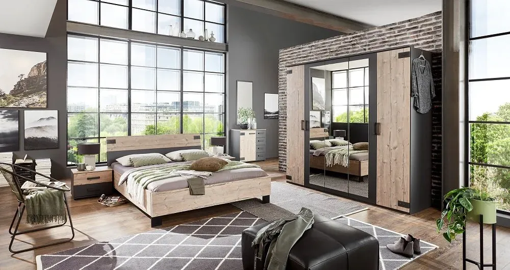 Illustration numéro 2 du produit Armoire VERNON style industriel 225 cm 5 portes pin argenté vieilli